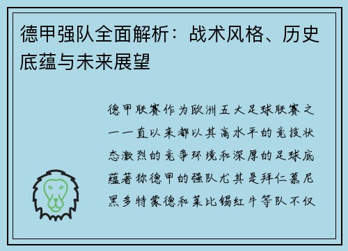 德甲强队全面解析：战术风格、历史底蕴与未来展望
