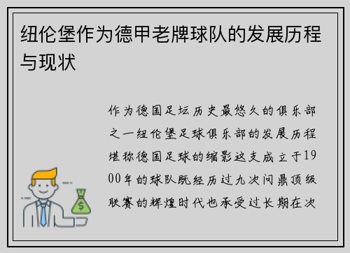 纽伦堡作为德甲老牌球队的发展历程与现状