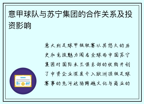 意甲球队与苏宁集团的合作关系及投资影响