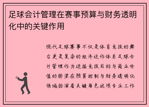 足球会计管理在赛事预算与财务透明化中的关键作用